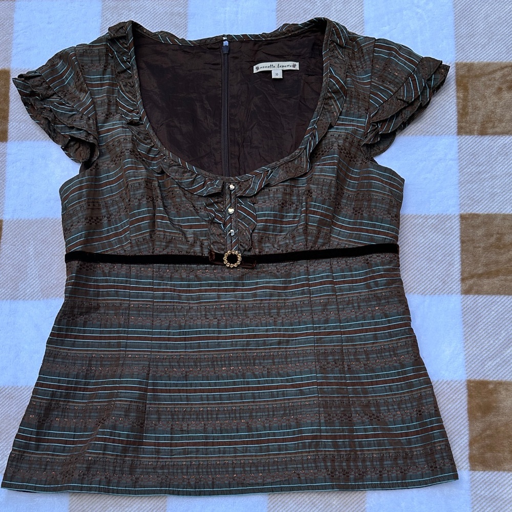 NANETTE LEPORE Ruffled Brown Blue Striped Short Sleeve Blouse